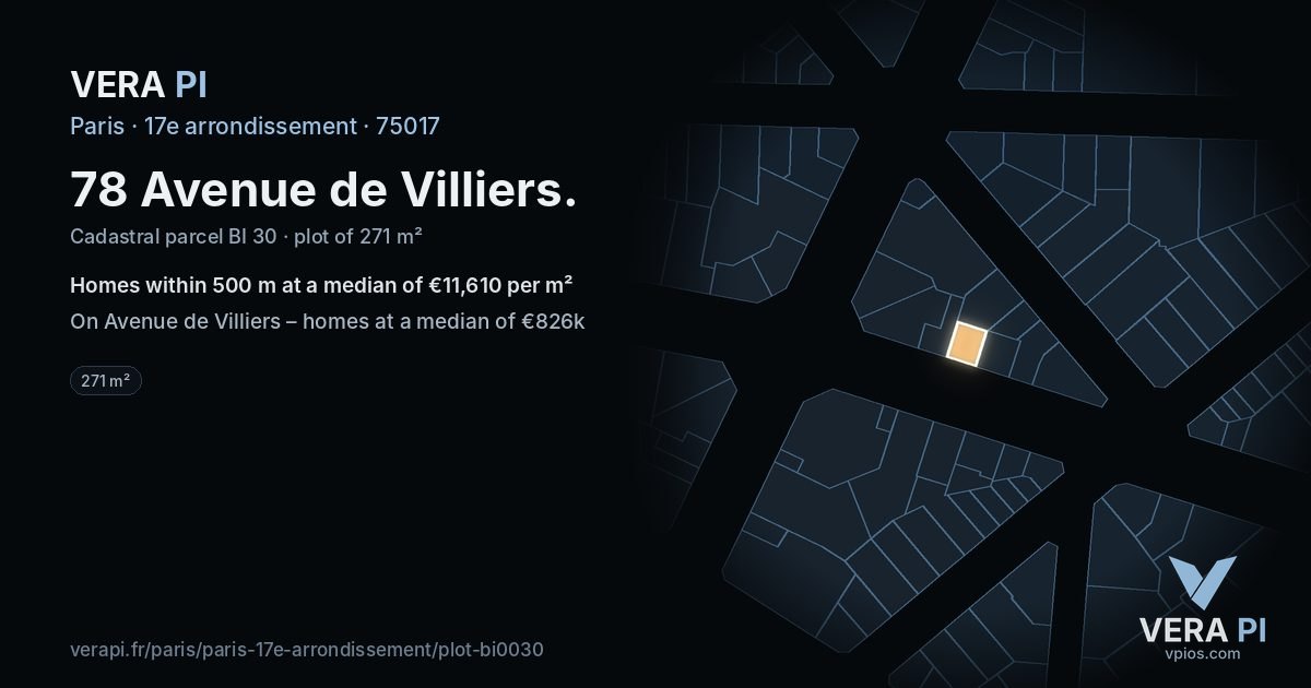 78 Avenue de Villiers, 17e arrondissement at night – the plot lit, the parcels around coloured by the prices near them