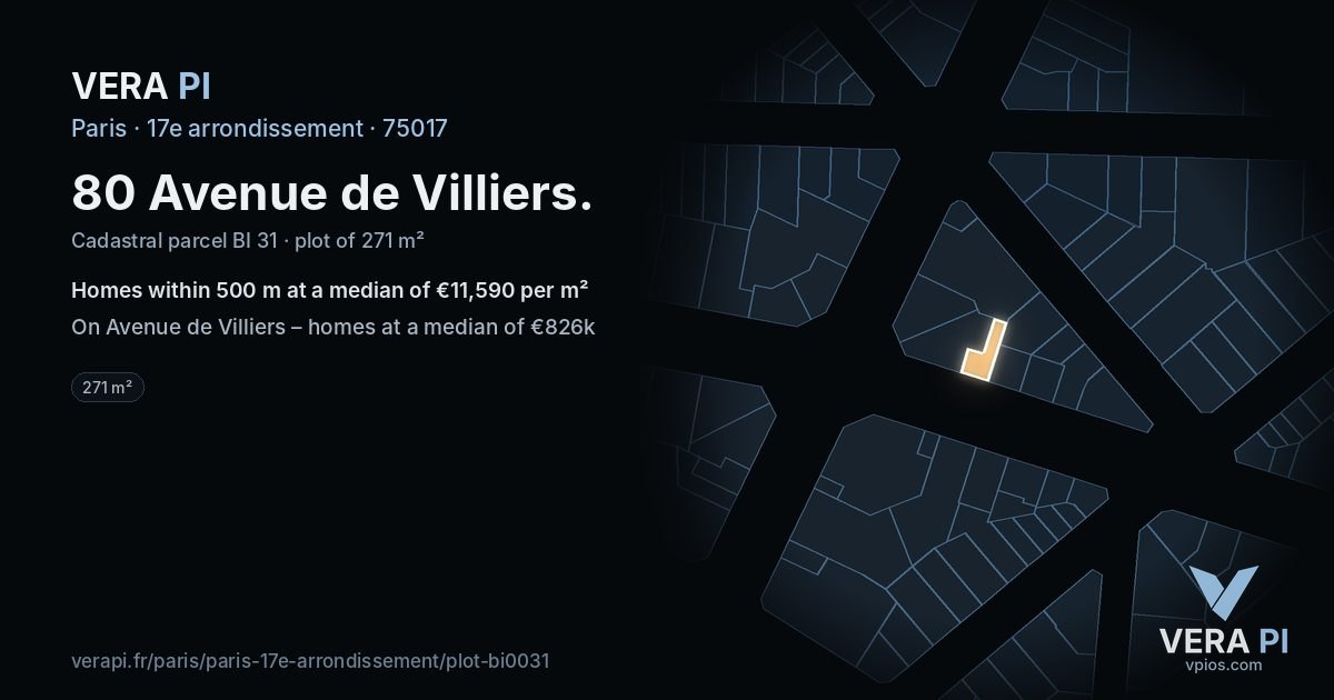 80 Avenue de Villiers, 17e arrondissement at night – the plot lit, the parcels around coloured by the prices near them