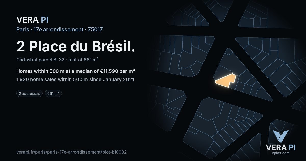 2 Place du Brésil, 17e arrondissement at night – the plot lit, the parcels around coloured by the prices near them