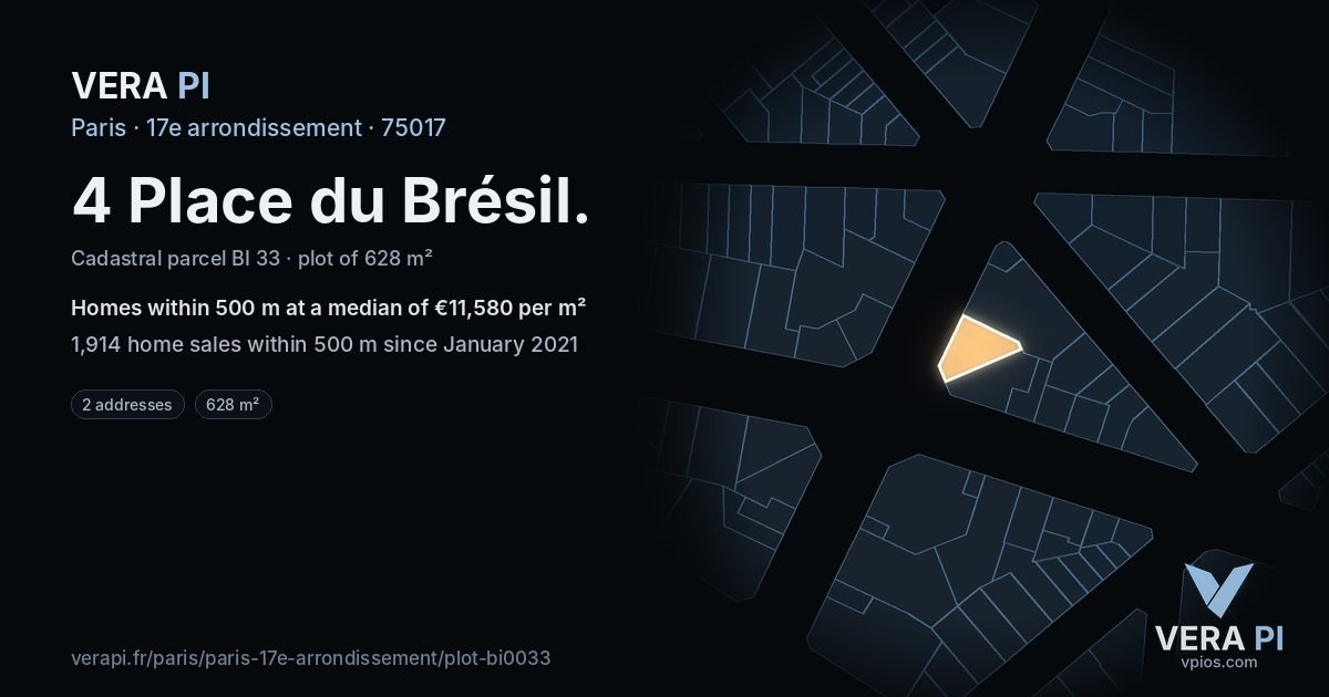 4 Place du Brésil, 17e arrondissement at night – the plot lit, the parcels around coloured by the prices near them