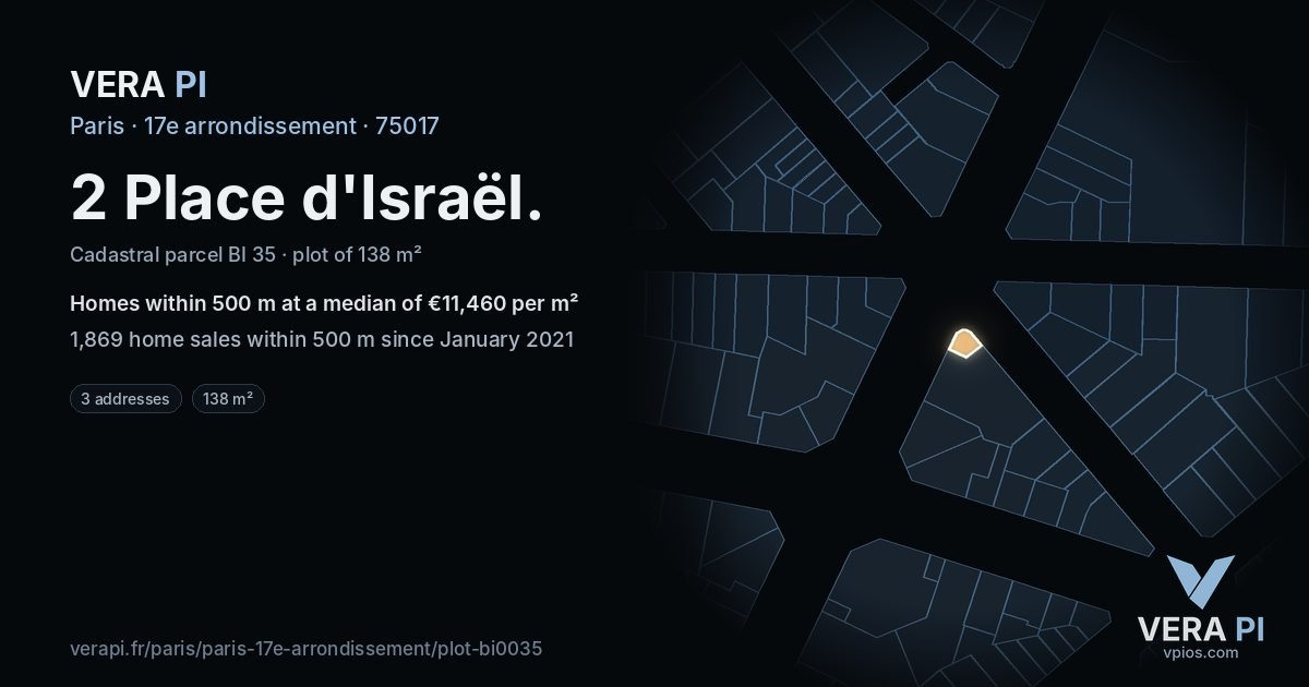 2 Place d'Israël, 17e arrondissement at night – the plot lit, the parcels around coloured by the prices near them