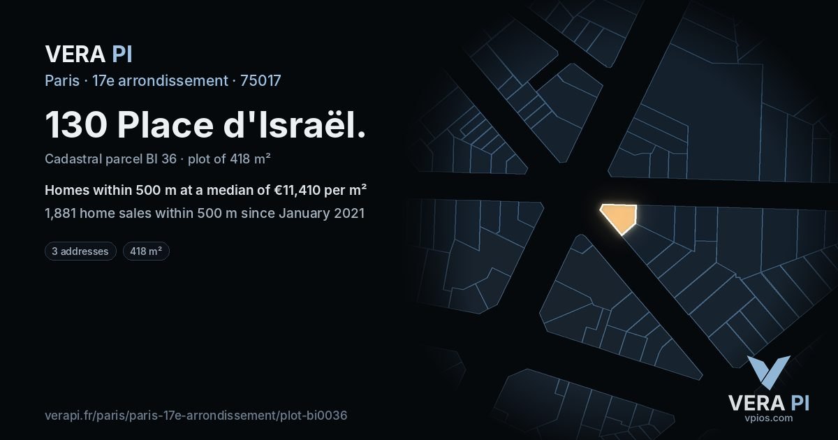 130 Place d'Israël, 17e arrondissement at night – the plot lit, the parcels around coloured by the prices near them