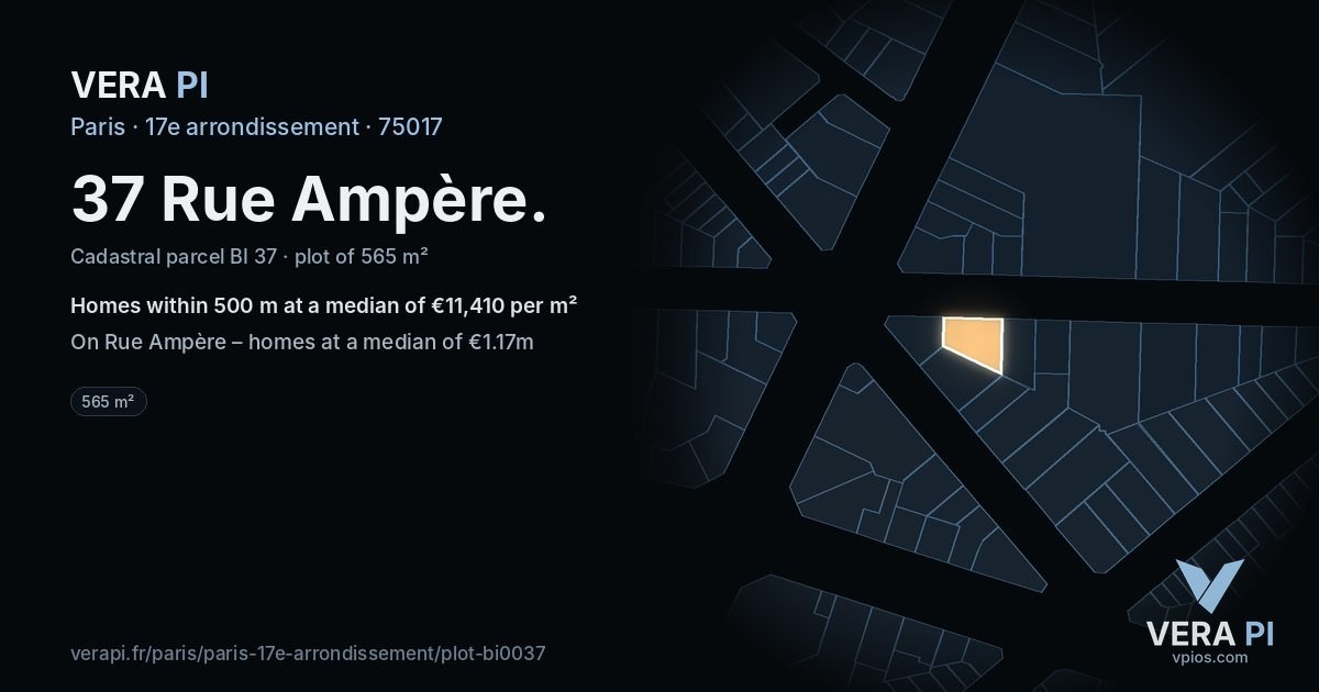 37 Rue Ampère, 17e arrondissement at night – the plot lit, the parcels around coloured by the prices near them