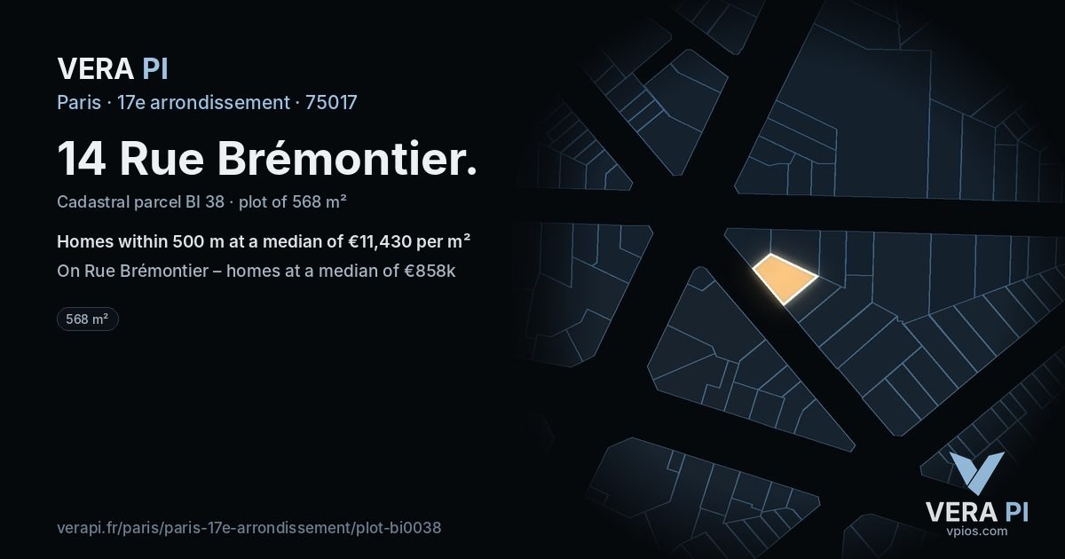 14 Rue Brémontier, 17e arrondissement at night – the plot lit, the parcels around coloured by the prices near them