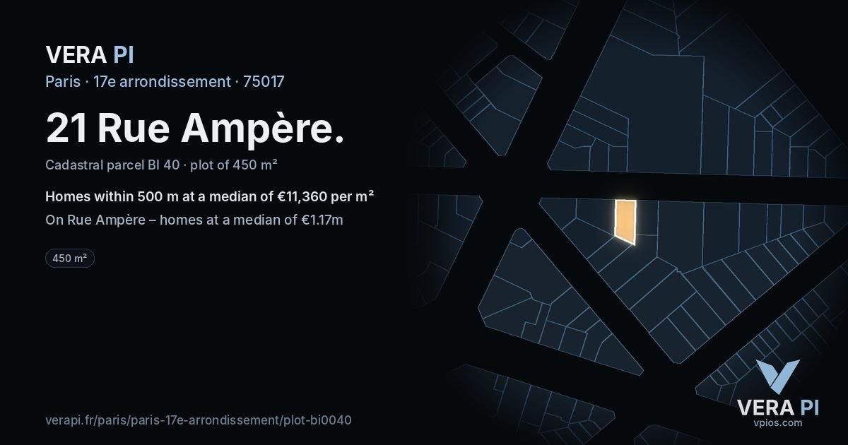 21 Rue Ampère, 17e arrondissement at night – the plot lit, the parcels around coloured by the prices near them