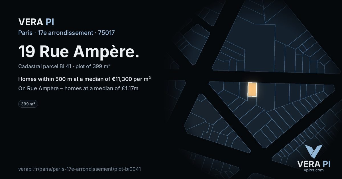 19 Rue Ampère, 17e arrondissement at night – the plot lit, the parcels around coloured by the prices near them