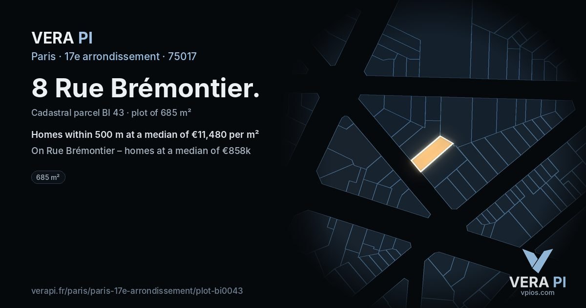 8 Rue Brémontier, 17e arrondissement at night – the plot lit, the parcels around coloured by the prices near them