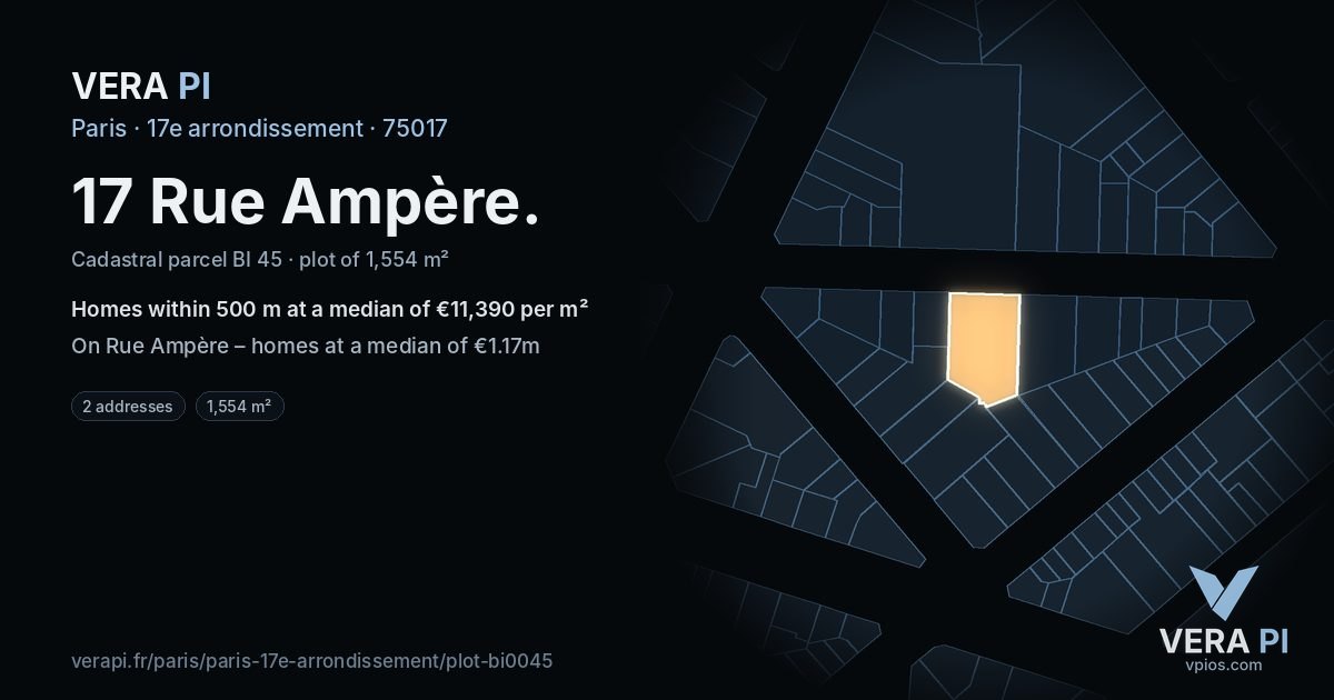 17 Rue Ampère, 17e arrondissement at night – the plot lit, the parcels around coloured by the prices near them