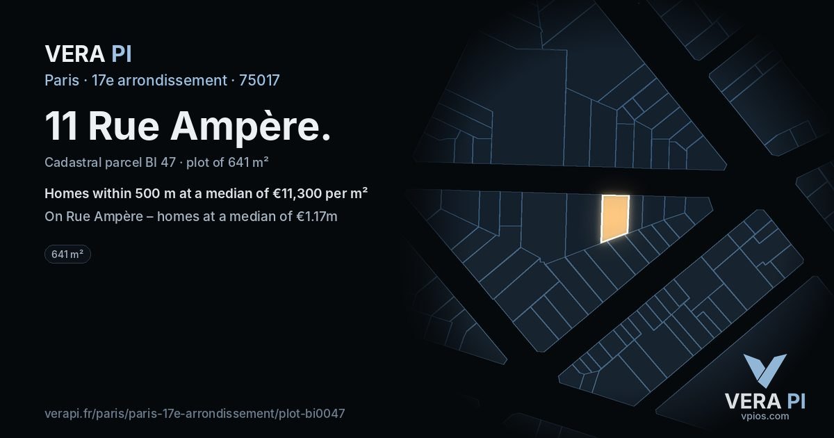 11 Rue Ampère, 17e arrondissement at night – the plot lit, the parcels around coloured by the prices near them
