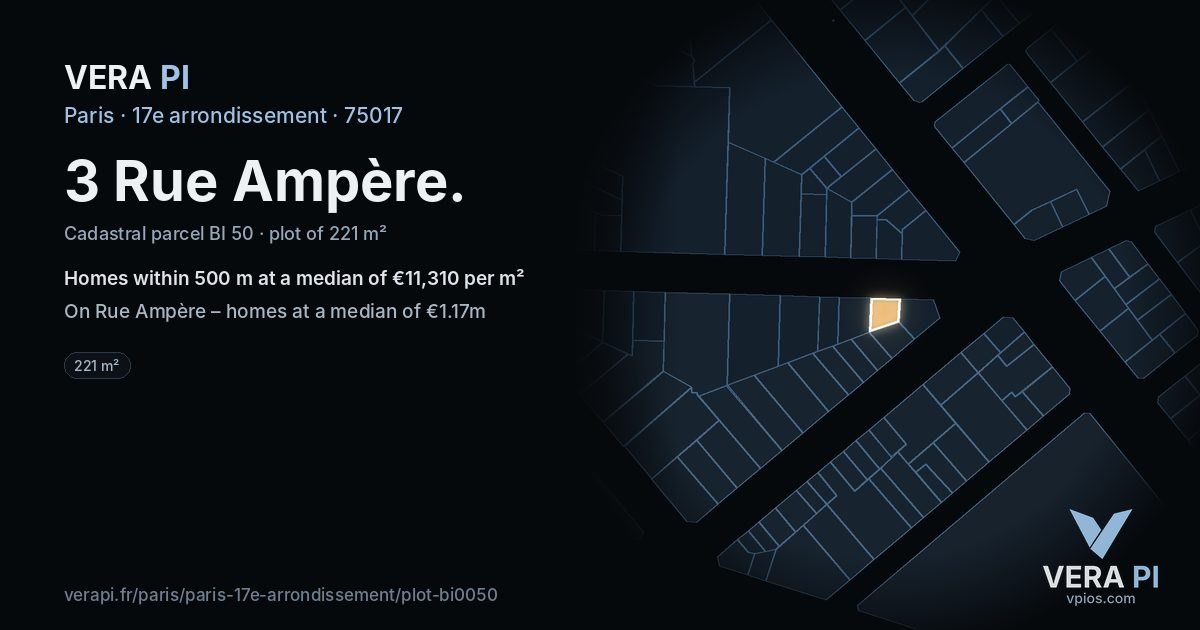 3 Rue Ampère, 17e arrondissement at night – the plot lit, the parcels around coloured by the prices near them