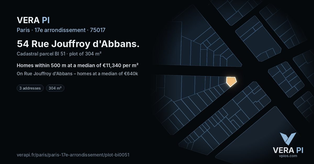 54 Rue Jouffroy d'Abbans, 17e arrondissement at night – the plot lit, the parcels around coloured by the prices near them