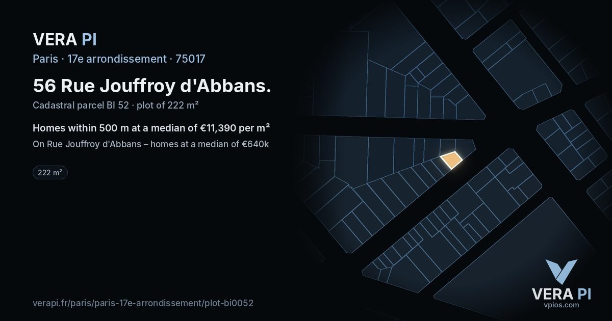 56 Rue Jouffroy d'Abbans, 17e arrondissement at night – the plot lit, the parcels around coloured by the prices near them