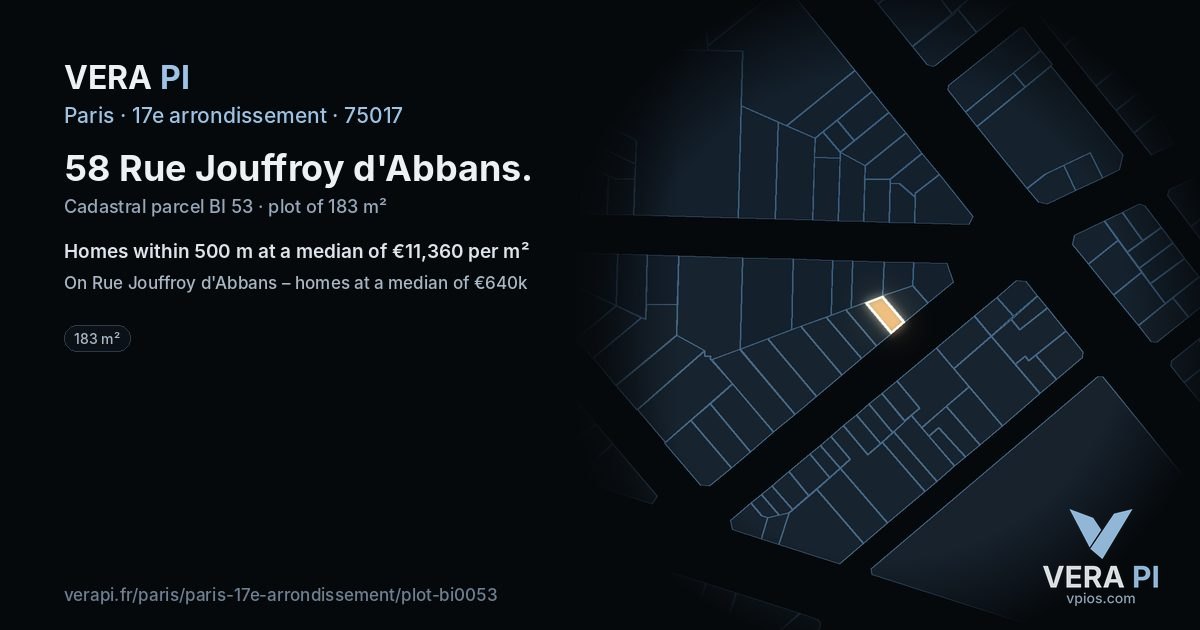 58 Rue Jouffroy d'Abbans, 17e arrondissement at night – the plot lit, the parcels around coloured by the prices near them