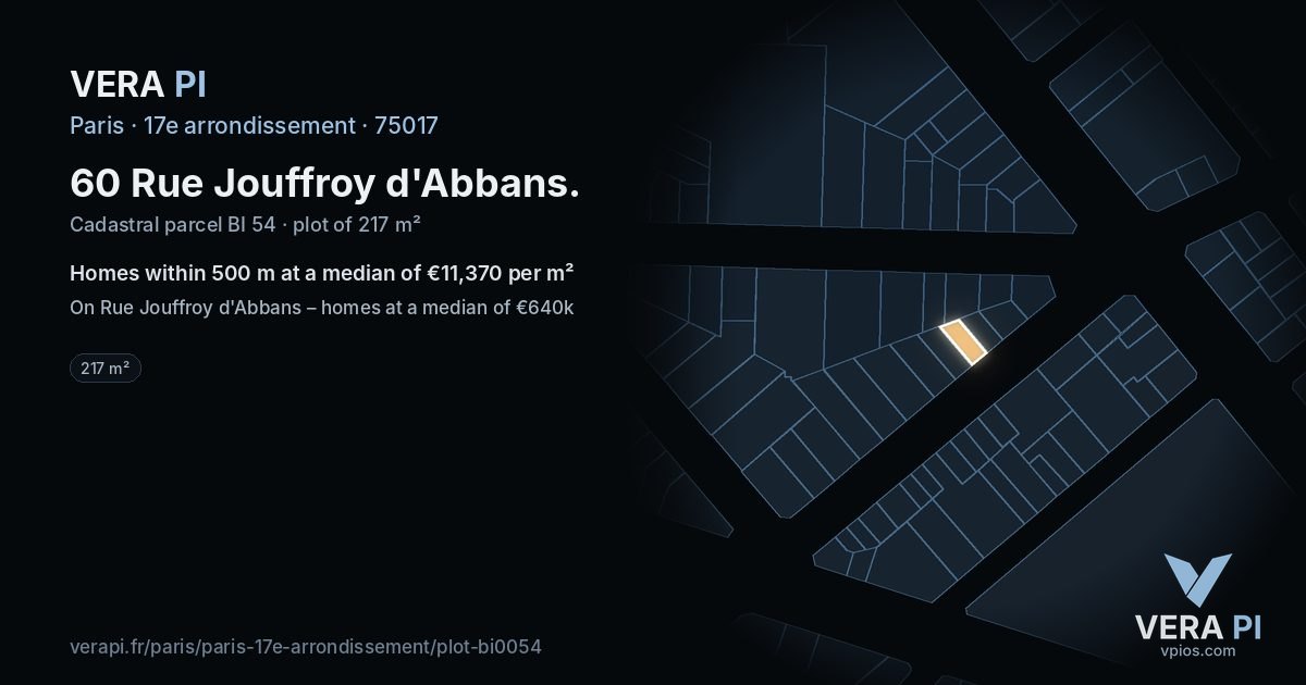 60 Rue Jouffroy d'Abbans, 17e arrondissement at night – the plot lit, the parcels around coloured by the prices near them