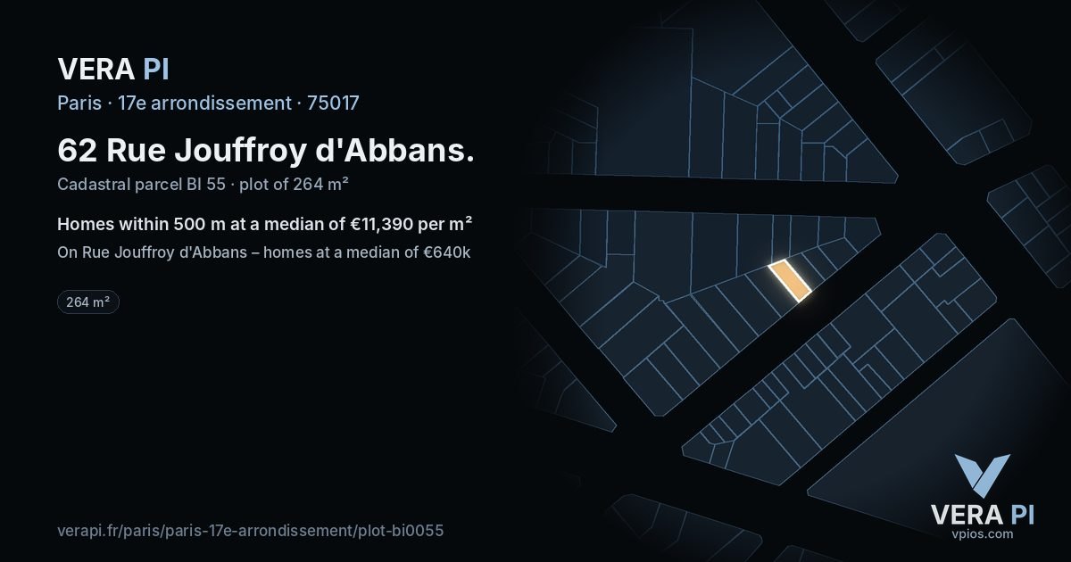 62 Rue Jouffroy d'Abbans, 17e arrondissement at night – the plot lit, the parcels around coloured by the prices near them