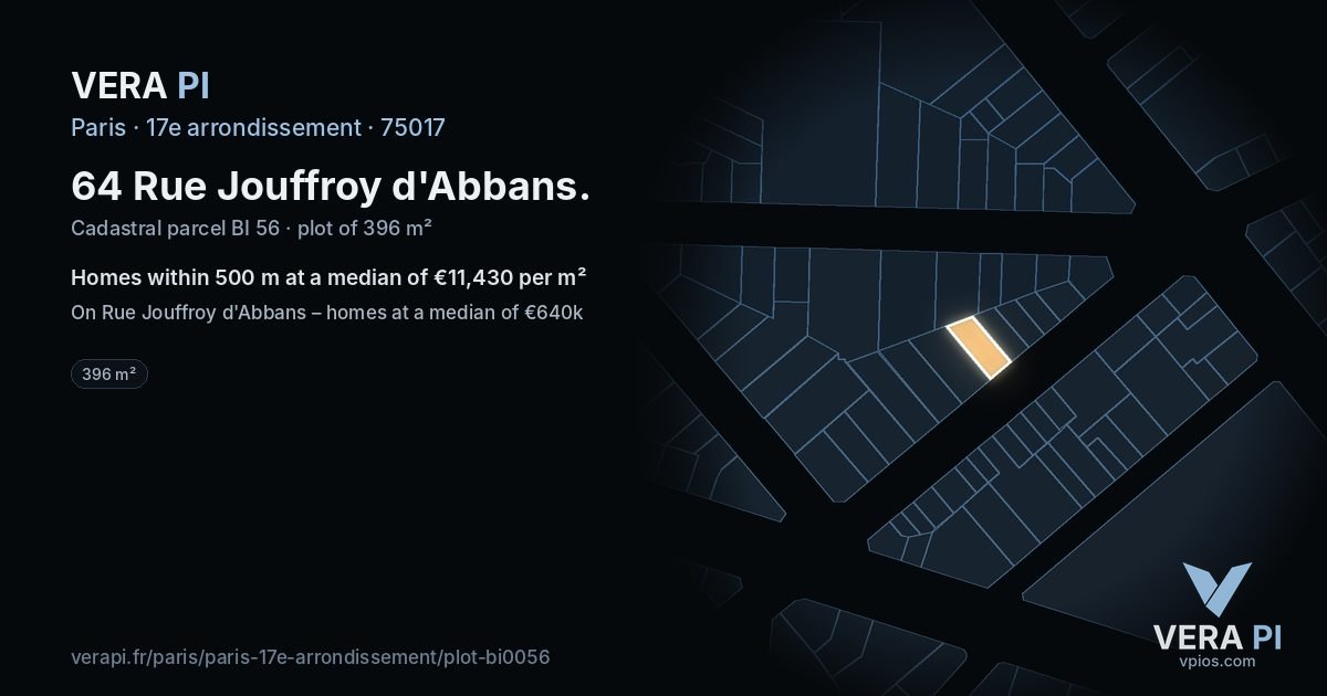 64 Rue Jouffroy d'Abbans, 17e arrondissement at night – the plot lit, the parcels around coloured by the prices near them