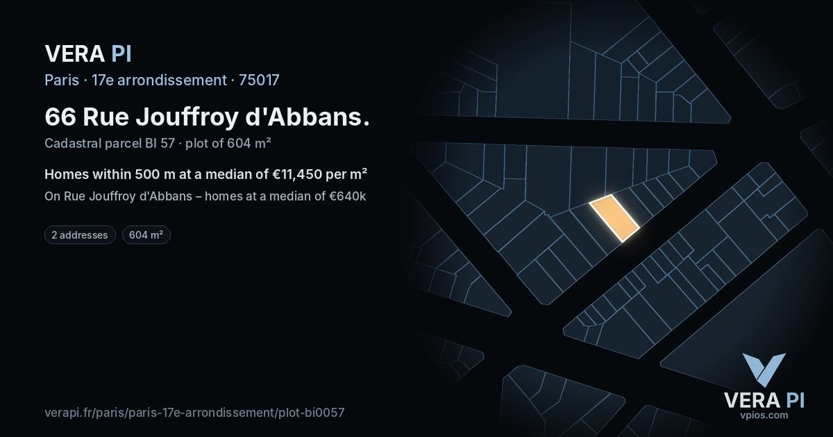 66 Rue Jouffroy d'Abbans, 17e arrondissement at night – the plot lit, the parcels around coloured by the prices near them