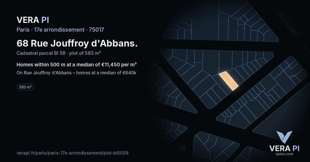 68 Rue Jouffroy d'Abbans, 17e arrondissement at night – the plot lit, the parcels around coloured by the prices near them