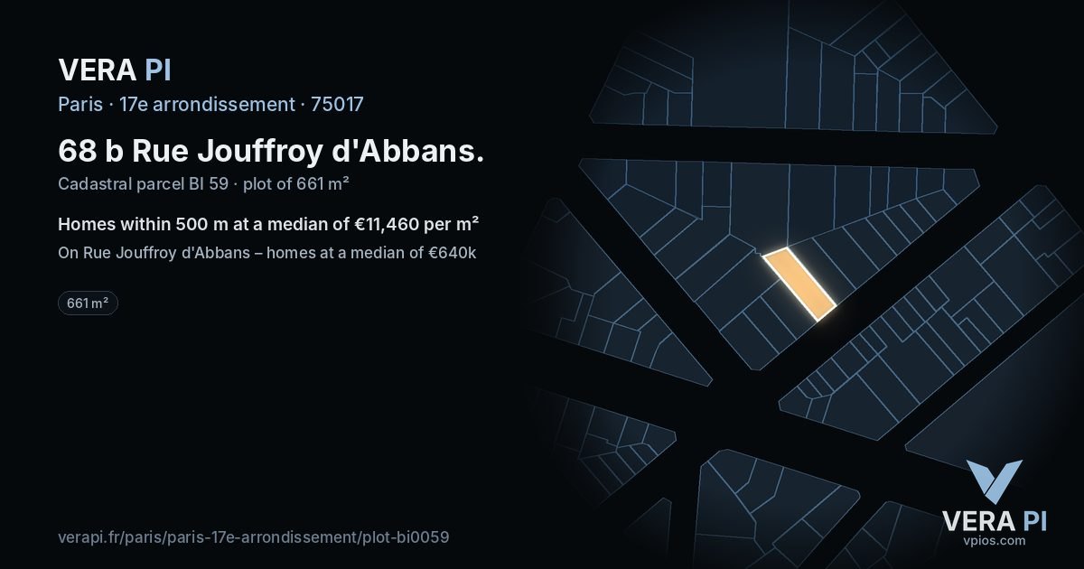 68 b Rue Jouffroy d'Abbans, 17e arrondissement at night – the plot lit, the parcels around coloured by the prices near them