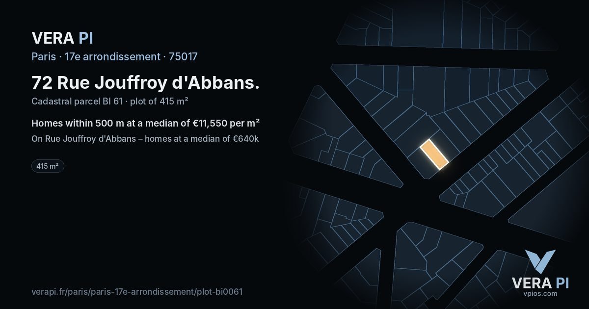 72 Rue Jouffroy d'Abbans, 17e arrondissement at night – the plot lit, the parcels around coloured by the prices near them