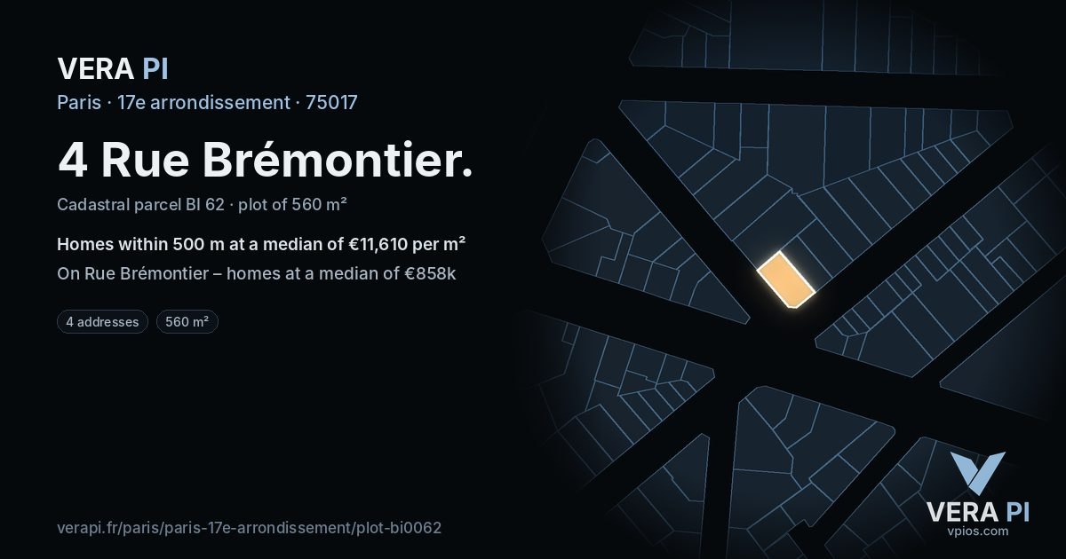 4 Rue Brémontier, 17e arrondissement at night – the plot lit, the parcels around coloured by the prices near them