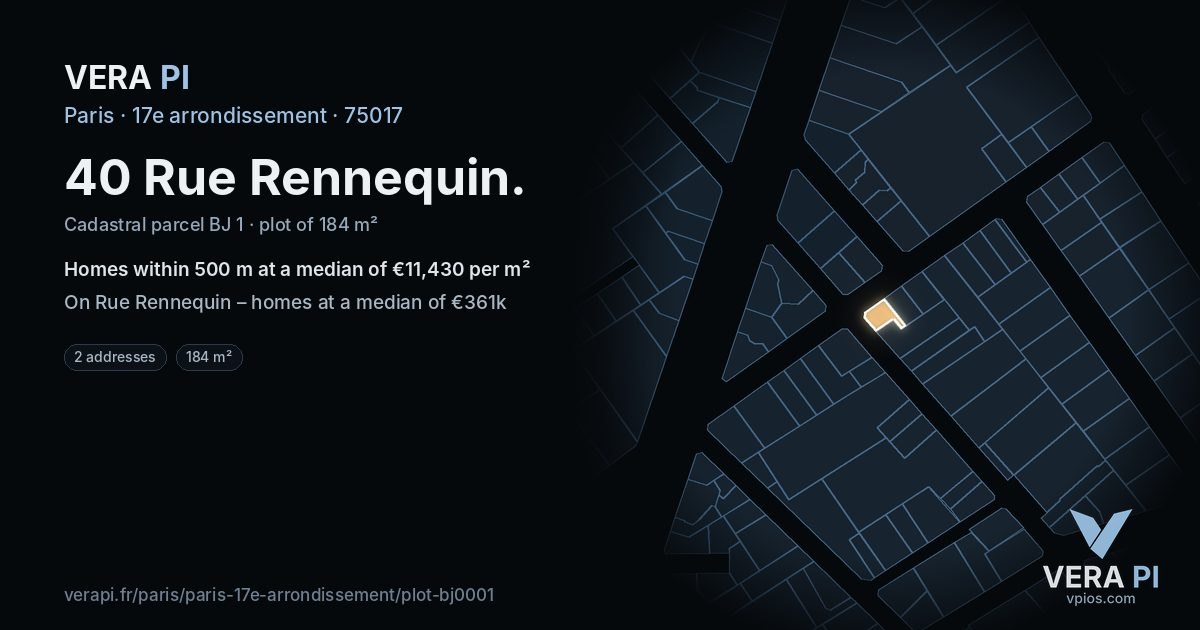 40 Rue Rennequin, 17e arrondissement at night – the plot lit, the parcels around coloured by the prices near them