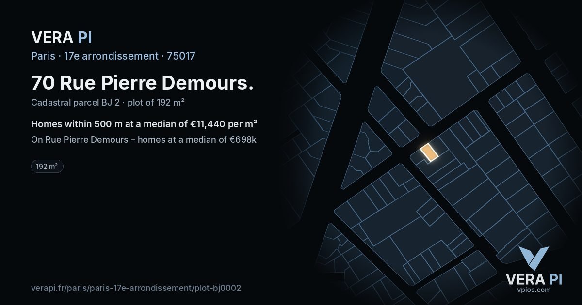 70 Rue Pierre Demours, 17e arrondissement at night – the plot lit, the parcels around coloured by the prices near them