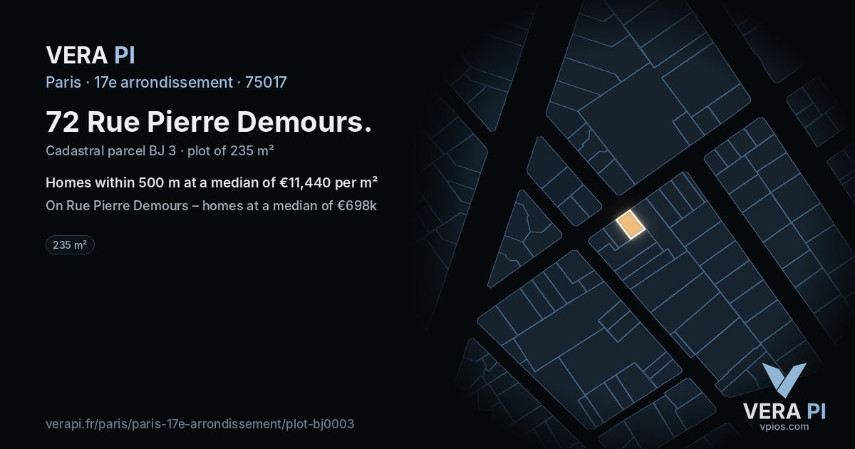 72 Rue Pierre Demours, 17e arrondissement at night – the plot lit, the parcels around coloured by the prices near them