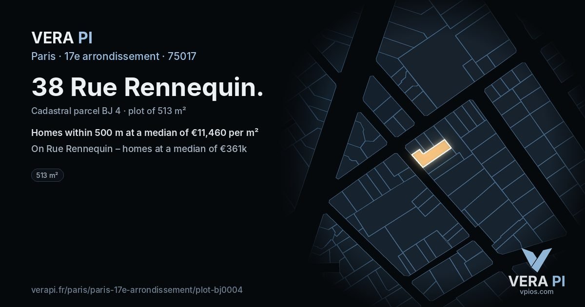 38 Rue Rennequin, 17e arrondissement at night – the plot lit, the parcels around coloured by the prices near them