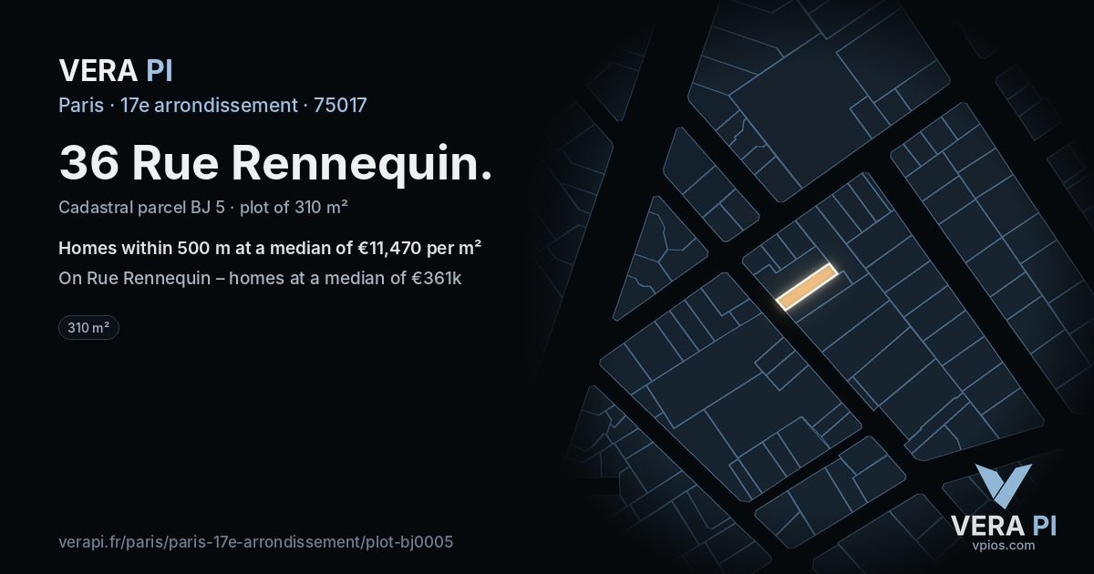 36 Rue Rennequin, 17e arrondissement at night – the plot lit, the parcels around coloured by the prices near them