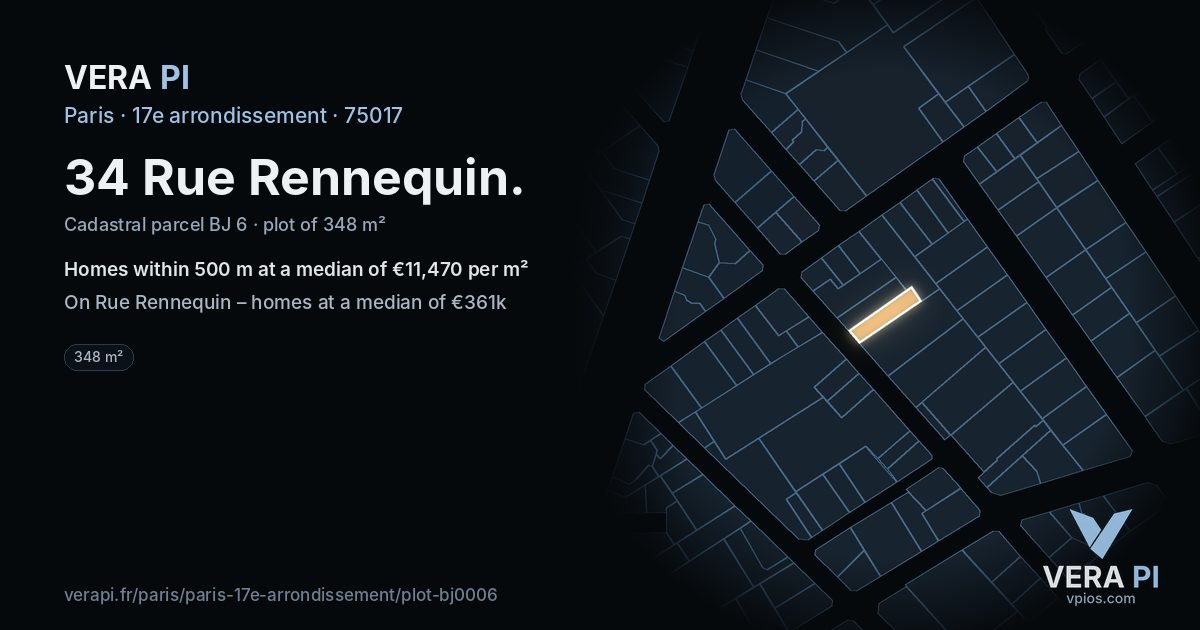 34 Rue Rennequin, 17e arrondissement at night – the plot lit, the parcels around coloured by the prices near them