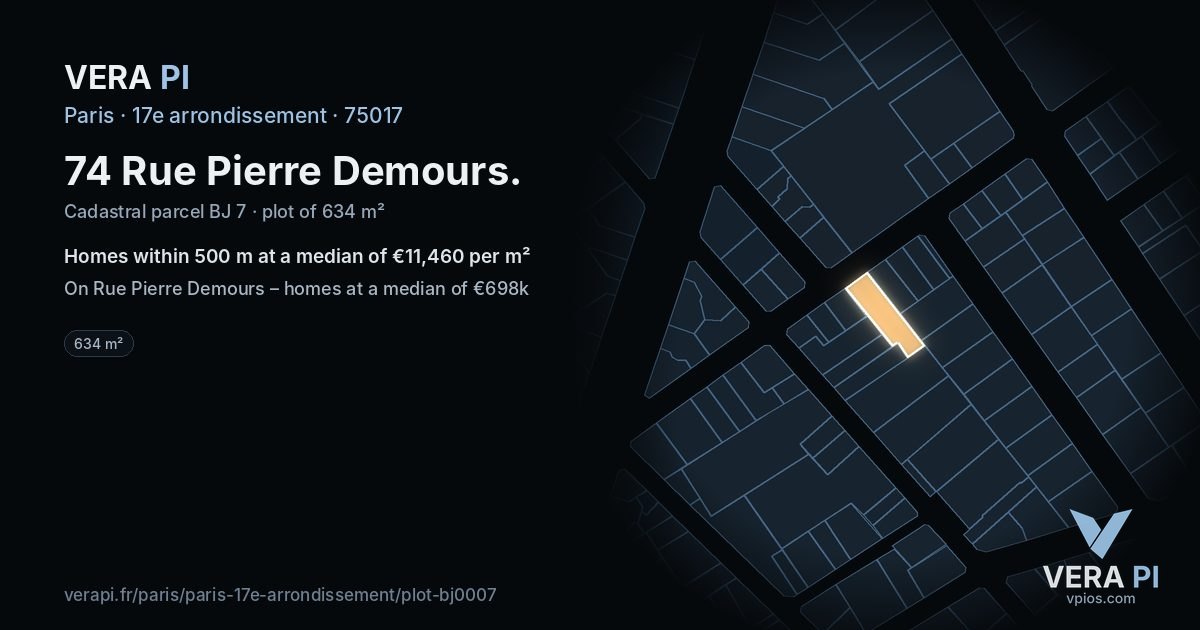 74 Rue Pierre Demours, 17e arrondissement at night – the plot lit, the parcels around coloured by the prices near them