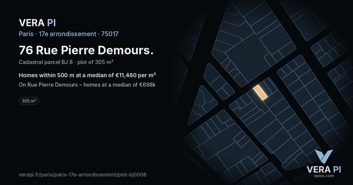 76 Rue Pierre Demours, 17e arrondissement at night – the plot lit, the parcels around coloured by the prices near them