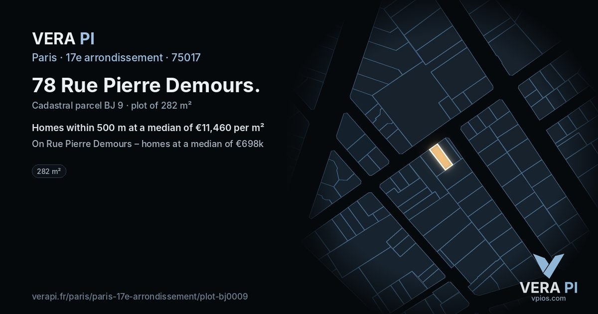 78 Rue Pierre Demours, 17e arrondissement at night – the plot lit, the parcels around coloured by the prices near them
