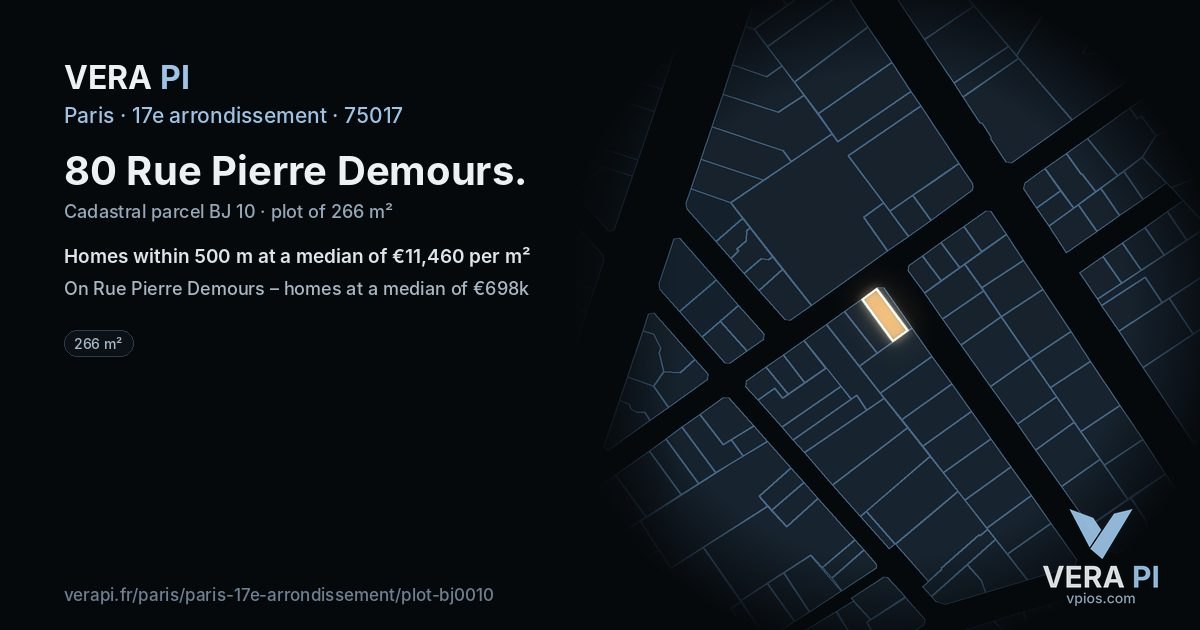 80 Rue Pierre Demours, 17e arrondissement at night – the plot lit, the parcels around coloured by the prices near them