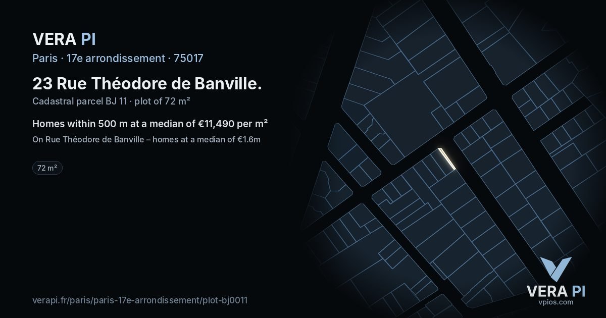 23 Rue Théodore de Banville, 17e arrondissement at night – the plot lit, the parcels around coloured by the prices near them