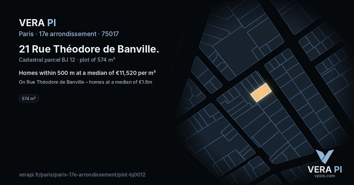 21 Rue Théodore de Banville, 17e arrondissement at night – the plot lit, the parcels around coloured by the prices near them