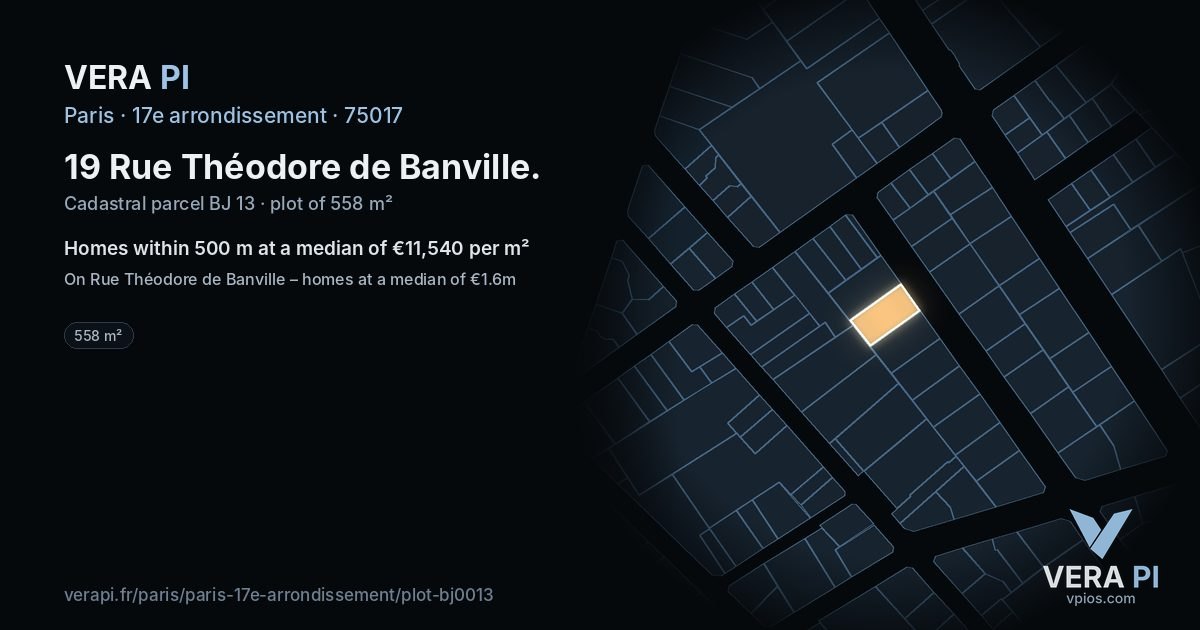 19 Rue Théodore de Banville, 17e arrondissement at night – the plot lit, the parcels around coloured by the prices near them