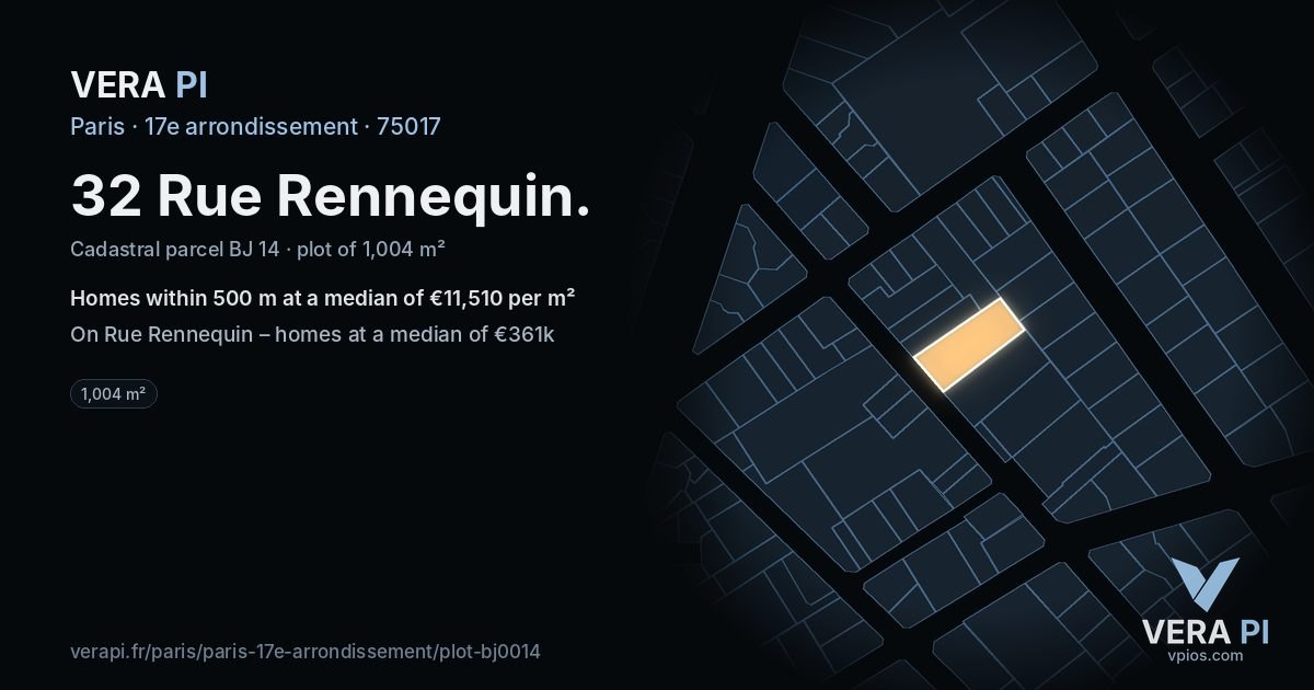 32 Rue Rennequin, 17e arrondissement at night – the plot lit, the parcels around coloured by the prices near them