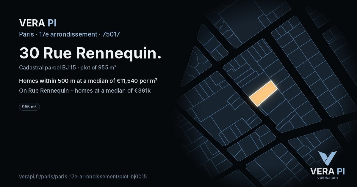 30 Rue Rennequin, 17e arrondissement at night – the plot lit, the parcels around coloured by the prices near them