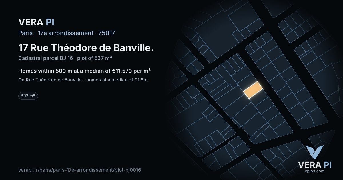 17 Rue Théodore de Banville, 17e arrondissement at night – the plot lit, the parcels around coloured by the prices near them