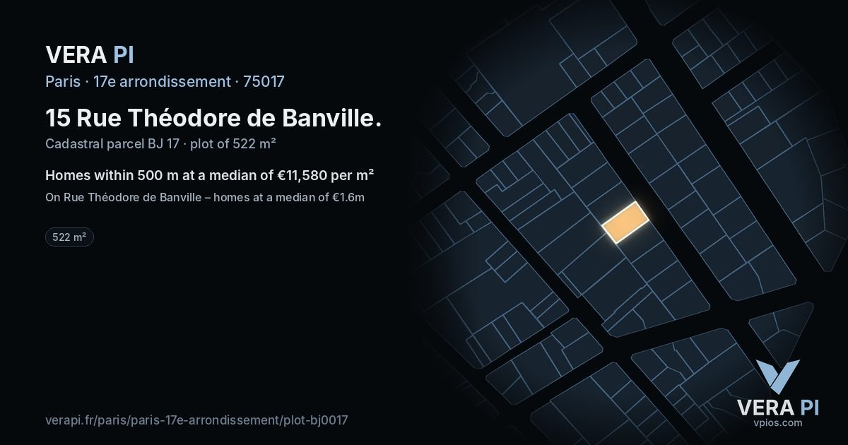 15 Rue Théodore de Banville, 17e arrondissement at night – the plot lit, the parcels around coloured by the prices near them