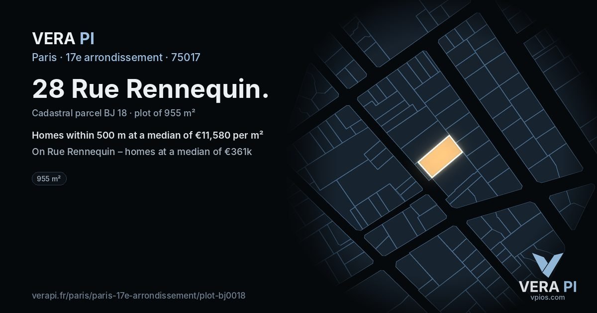 28 Rue Rennequin, 17e arrondissement at night – the plot lit, the parcels around coloured by the prices near them