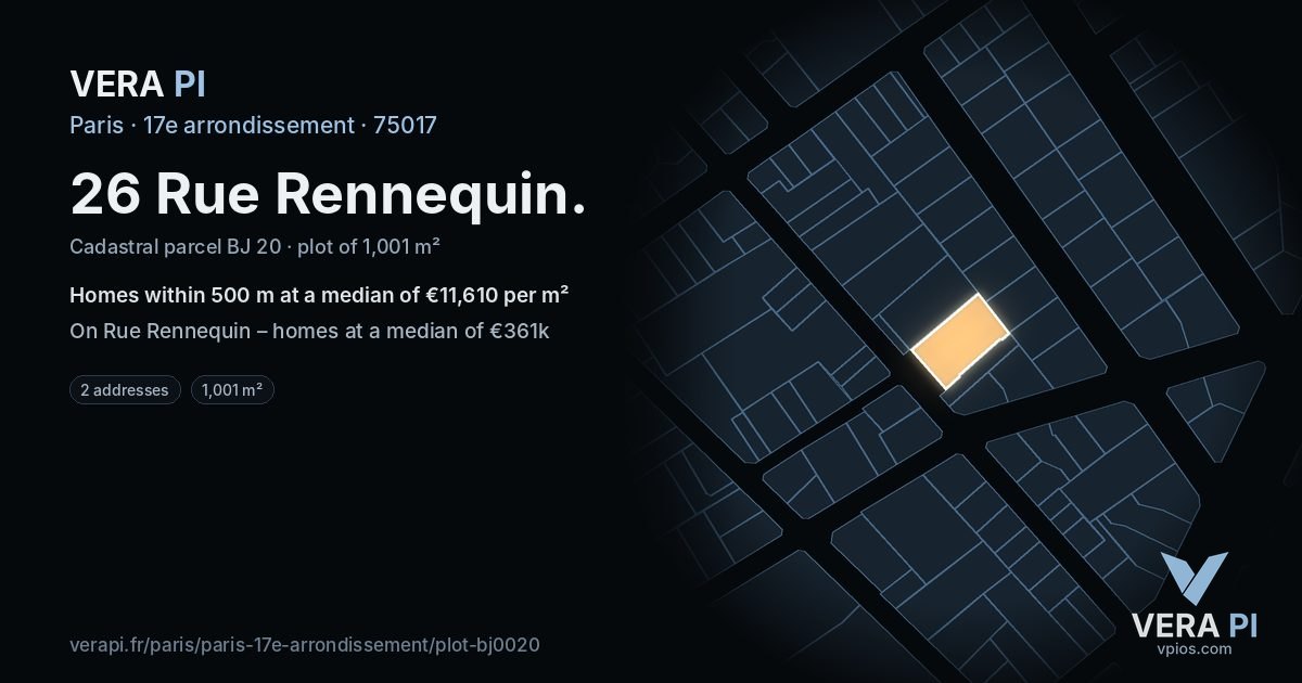 26 Rue Rennequin, 17e arrondissement at night – the plot lit, the parcels around coloured by the prices near them