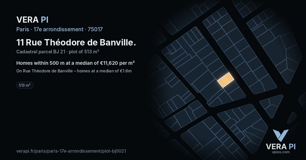 11 Rue Théodore de Banville, 17e arrondissement at night – the plot lit, the parcels around coloured by the prices near them