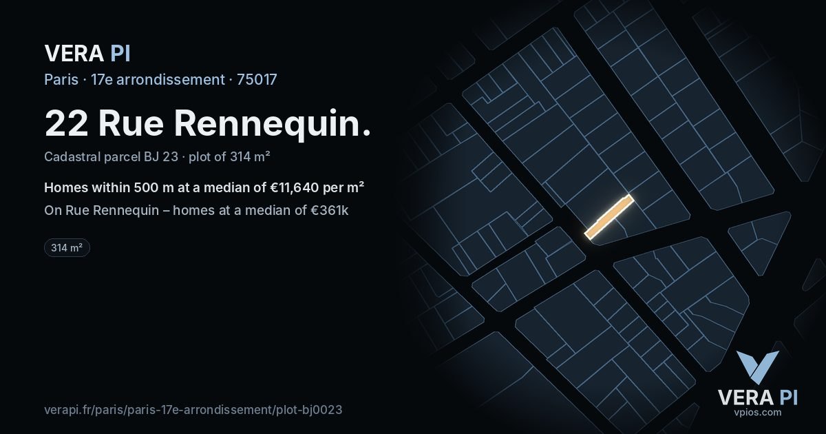 22 Rue Rennequin, 17e arrondissement at night – the plot lit, the parcels around coloured by the prices near them