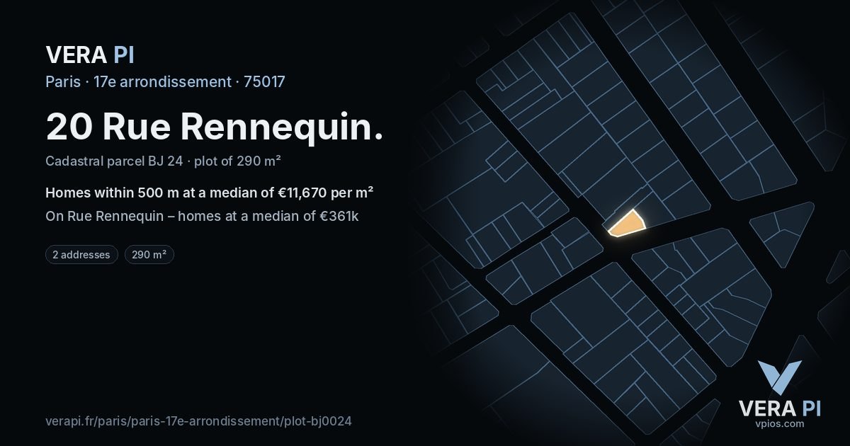 20 Rue Rennequin, 17e arrondissement at night – the plot lit, the parcels around coloured by the prices near them