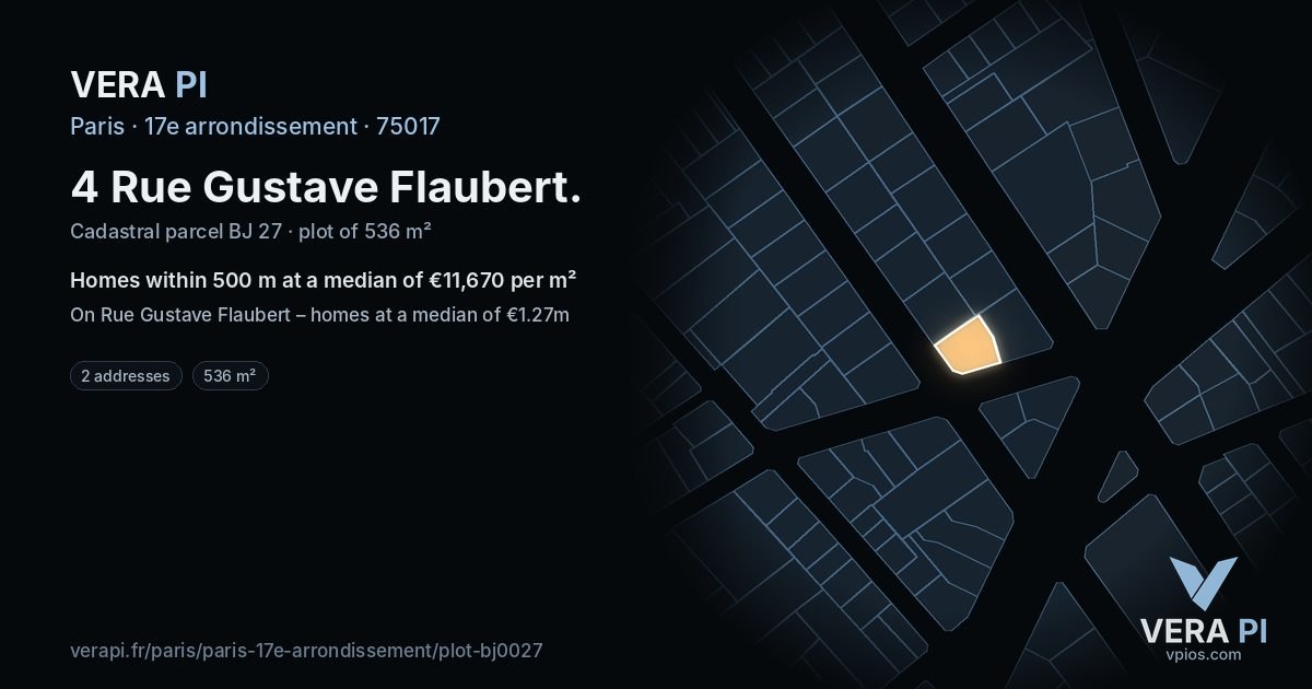 4 Rue Gustave Flaubert, 17e arrondissement at night – the plot lit, the parcels around coloured by the prices near them