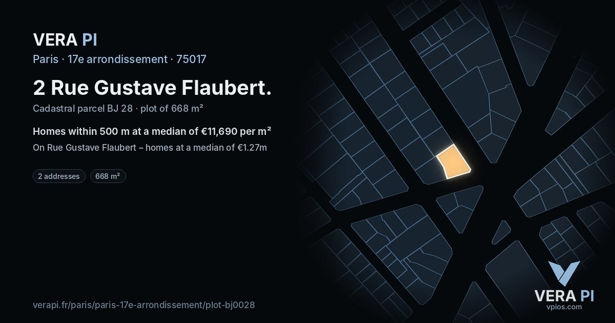 2 Rue Gustave Flaubert, 17e arrondissement at night – the plot lit, the parcels around coloured by the prices near them