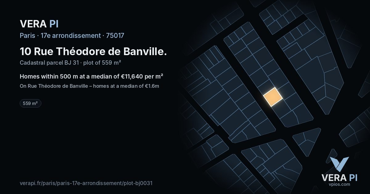10 Rue Théodore de Banville, 17e arrondissement at night – the plot lit, the parcels around coloured by the prices near them